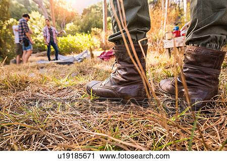 Stock Image - Men putting up dome tent in forest, Deer Park, Cape Town, South Africa. Fotosearch