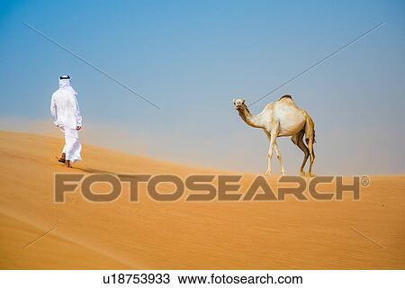 Middle eastern man wearing traditional clothes walking toward camel in desert, Dubai, United Arab Emirates View Large Photo Image Stock Image - Middle eastern man wearing traditional clothes walking toward camel in desert, Dubai, United Arab Emirates. Fotosearch