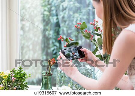 Stock Photo - Over the shoulder view of woman using smartphone to take picture of flower in vase. Fotosearch