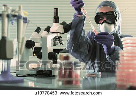 Stock Image - Person working in microbiology lab. Fotosearch