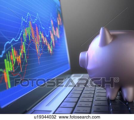 Stock Image - Piggy bank with charts, illustration. Fotosearch