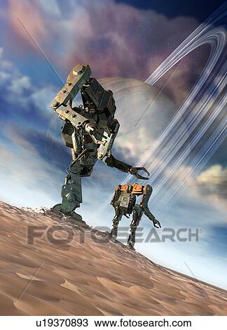 Stock Image - Robots on futuristic planet, illustration. Fotosearch