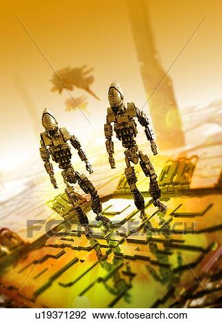 Stock Image - Robots on futuristic planet, illustration. Fotosearch