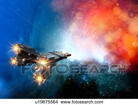 Picture - Space craft in outer space, illustration. Fotosearch