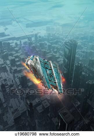 Space craft over city, illustration View Large Photo Image Stock Photo - Space craft over city, illustration. Fotosearch