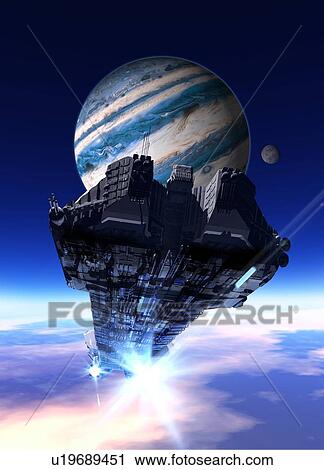 Stock Image - Space ship and planet, illustration. Fotosearch