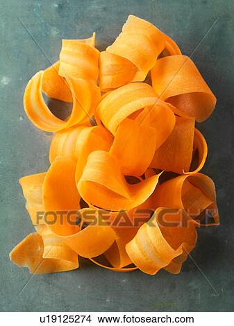 Picture - Spiralized, carrot shavings, overhead view, close-up. Fotosearch