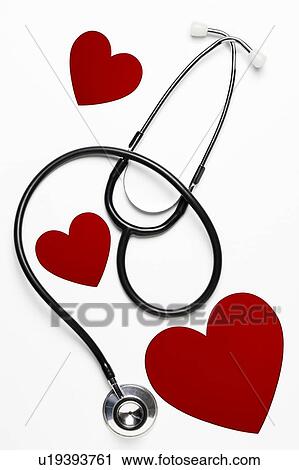 Stock Image - Stethoscope and red heart shapes. Fotosearch