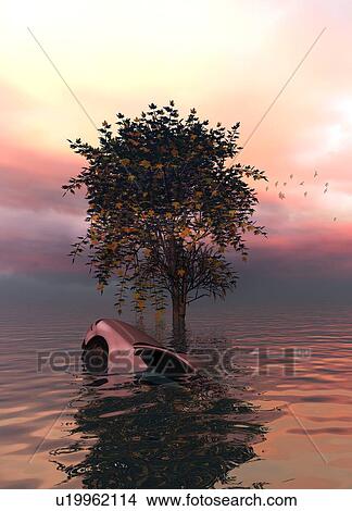 Picture - Tree and car in water, illustration. Fotosearch