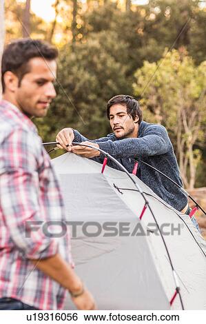 Two men putting up tent together in forest, Deer Park, Cape Town, South Africa View Large Photo Image Stock Photograph - Two men putting up tent together in forest, Deer Park, Cape Town, South Africa. Fotosearch