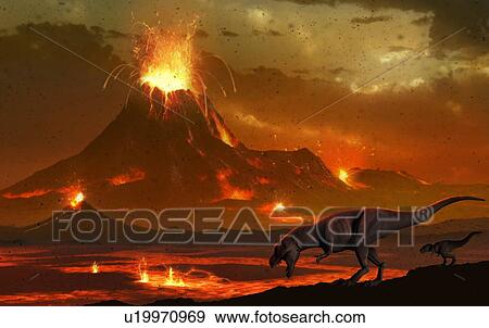 Tyrannosaurs survey a volcanic landscape View Large Photo Image Stock Photo - Tyrannosaurs survey a volcanic landscape. Fotosearch