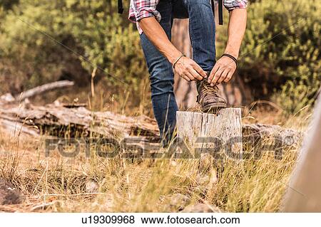 Waist down view of male hiker tying hiking boot laces, Deer Park, Cape Town, South Africa View Large Photo Image Stock Photo - Waist down view of male hiker tying hiking boot laces, Deer Park, Cape Town, South Africa. Fotosearch