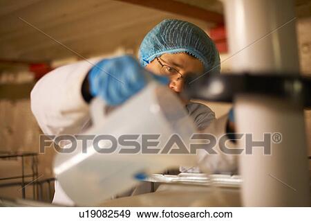 Stock Photo - Worker wearing hair net pouring liquid from jug. Fotosearch