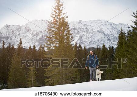Young man walking uphill with husky in snow covered landscape, Elmau, Bavaria, Germany View Large Photo Image Stock Image - Young man walking uphill with husky in snow covered landscape, Elmau, Bavaria, Germany. Fotosearch