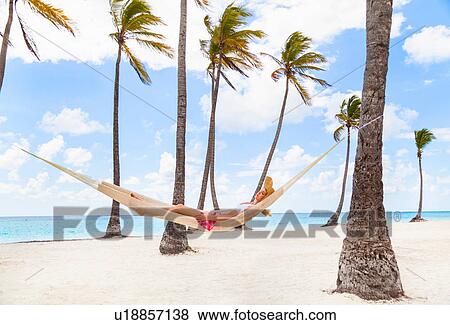 Young woman reclining in palm tree hammock at beach, Dominican Republic, The Caribbean View Large Photo Image Stock Photo - Young woman reclining in palm tree hammock at beach, Dominican Republic, The Caribbean. Fotosearch