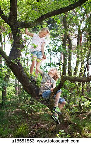 Stock Image - Boy and girl in tree face to face smiling. Fotosearch