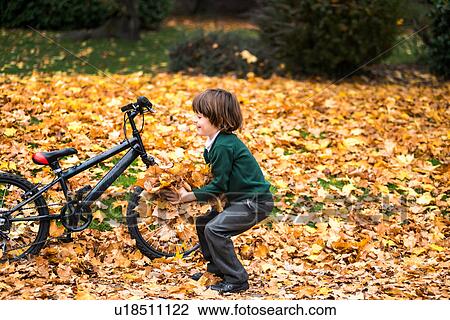 Boy in park with bike playing in autumn leaves View Large Photo Image Stock Image - Boy in park with bike playing in autumn leaves. Fotosearch