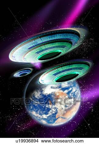 Flying saucers invading Earth, artwork View Large Photo Image Picture - Flying saucers invading Earth, artwork. Fotosearch