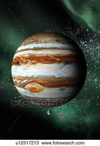 Stock Image - Jupiter and Earth, artwork. Fotosearch