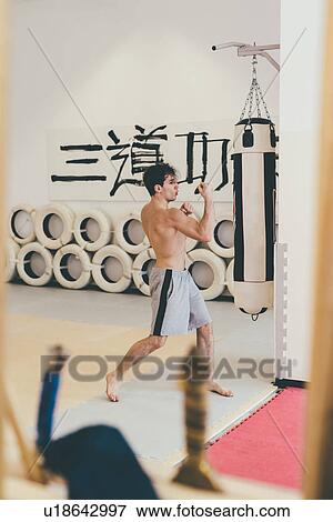 Martial artist in gym sparring with punchbag View Large Photo Image Stock Photo - Martial artist in gym sparring with punchbag. Fotosearch
