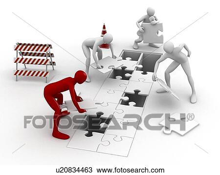 Stock Image - Men putting puzzle pieces together. Fotosearch