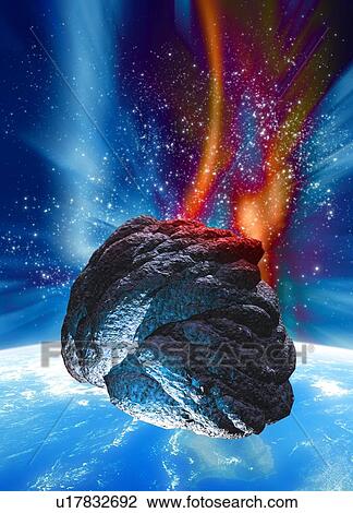 Stock Image - Meteor approaching Earth, artwork. Fotosearch