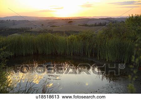 Stock Image - Pond and distant hilly landscape at sunrise, Tuscany, Italy. Fotosearch