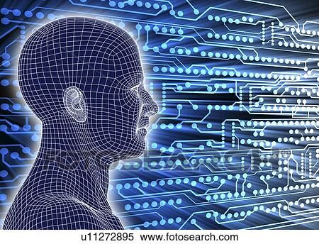 Stock Photography - Printed circuit board and wireframe head. Fotosearch
