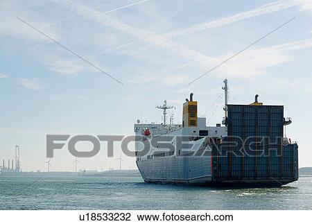 Stock Image - Rear view of roro ship on ocean, Vlissingen, zeeland, netherlands. Fotosearch