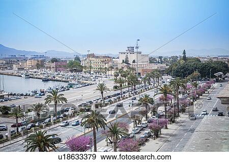 Stock Photo - Roads and buildings around marina, Cagliari, Sardinia, Italy. Fotosearch