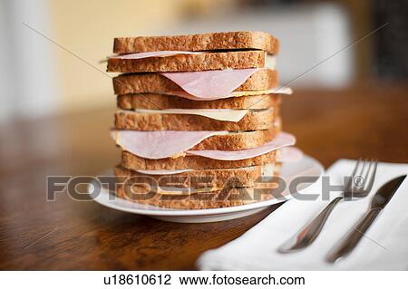 Stock Image - Stack of ham sandwiches on plate. Fotosearch