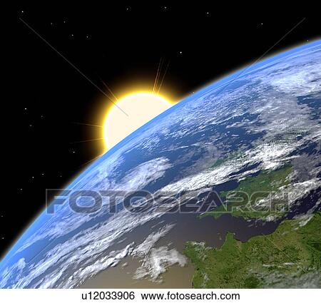 Sunrise over Earth, artwork View Large Photo Image Stock Photograph - Sunrise over Earth, artwork. Fotosearch