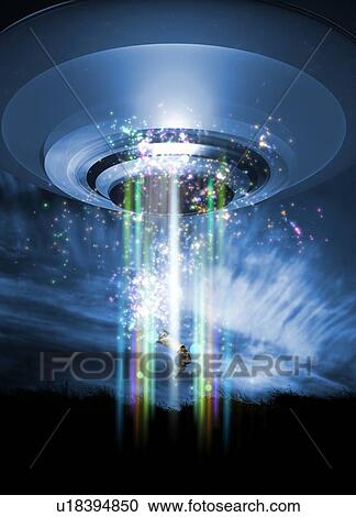 Stock Image - UFO human abduction, conceptual artwork. Fotosearch