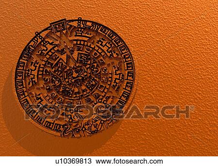 Stock Image - Aztec Sun Stone, artwork. Fotosearch