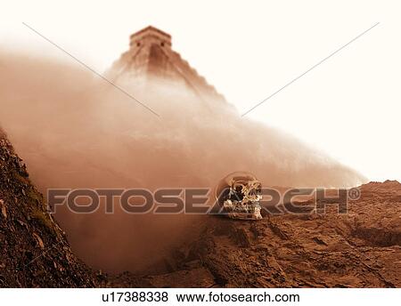 Stock Photo - Crystal skull and Maya pyramid, artwork. Fotosearch