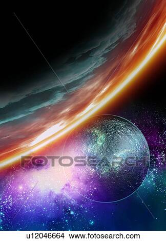 Picture - Planet and its moon, artwork. Fotosearch
