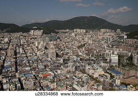 Aerial view of buildings in Busan city, Yeongnam, South Korea View Large Photo Image Stock Photo - Aerial view of buildings in Busan city, Yeongnam, South Korea. Fotosearch