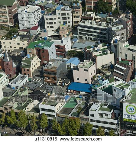 Stock Photography - Aerial view of buildings in Busan city, Yeongnam, South Korea. Fotosearch