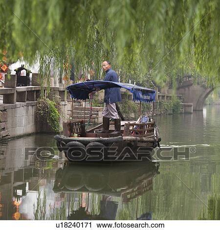 Boat in a canal, Zhouzhuang, Jiangsu Province, China View Large Photo Image Stock Image - Boat in a canal, Zhouzhuang, Jiangsu Province, China. Fotosearch