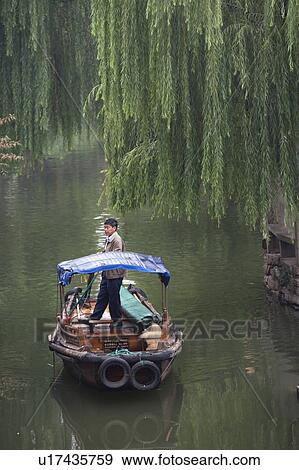 Boat in a canal, Zhouzhuang, Jiangsu Province, China View Large Photo Image Stock Photo - Boat in a canal, Zhouzhuang, Jiangsu Province, China. Fotosearch