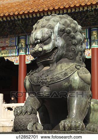 Stock Image - Chinese guardian lions in a palace, Forbidden City, Beijing, China. Fotosearch