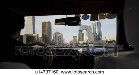 Stock Image - City viewed through a car, Beijing, China. Fotosearch