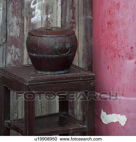 Stock Image - Close-up of a container on a table, Shanghai, China. Fotosearch