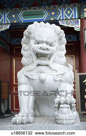 Stock Image - Close-up of a lion's statue in Jingshan Park, Beijing, China. Fotosearch