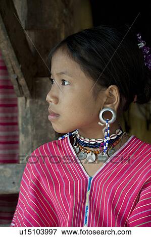 Stock Photo - Close-up of a Padaung girl, Huay Pu Keng, Mae Hong Son Province, Thailand. Fotosearch