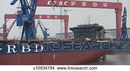Picture - Container ship at a commercial dock, Yangtze River, Shanghai, China. Fotosearch