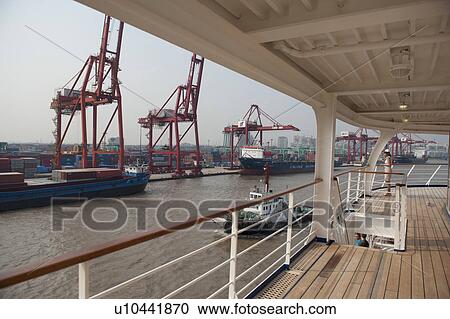 Stock Image - Cranes at a commercial dock, Yangtze River, Shanghai, China. Fotosearch