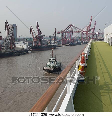 Stock Photograph - Cranes at a commercial dock, Yangtze River, Shanghai, China. Fotosearch