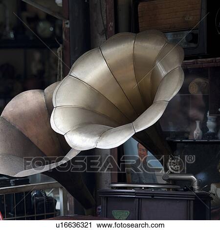 Stock Image - Gramophones in a shop, Shanghai, China. Fotosearch