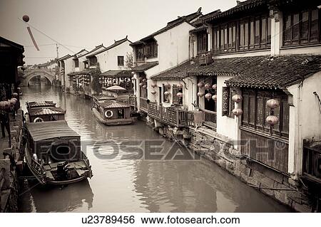 Houses along a canal, Zhouzhuang, Jiangsu Province, China View Large Photo Image Stock Photograph - Houses along a canal, Zhouzhuang, Jiangsu Province, China. Fotosearch